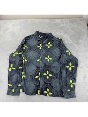 Stussy Shirt Mens Large Gray Neon Geometric Rayon Long Sleeve Button-Up